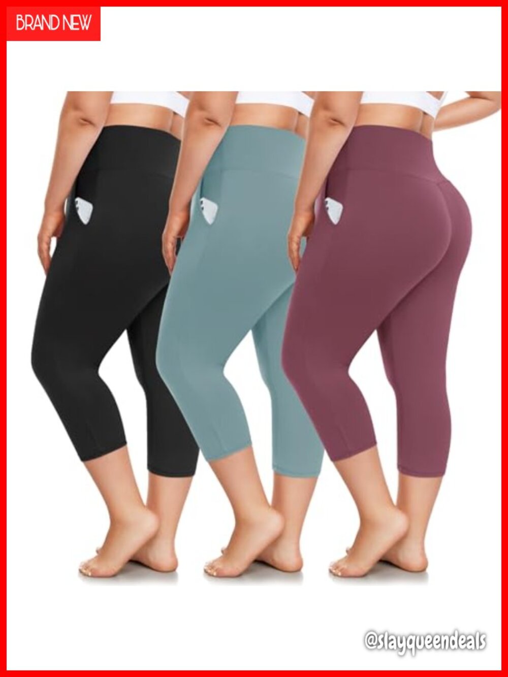 Plus Size Capri Leggings with Pockets High Waist Tummy Control 4-Way Stretch